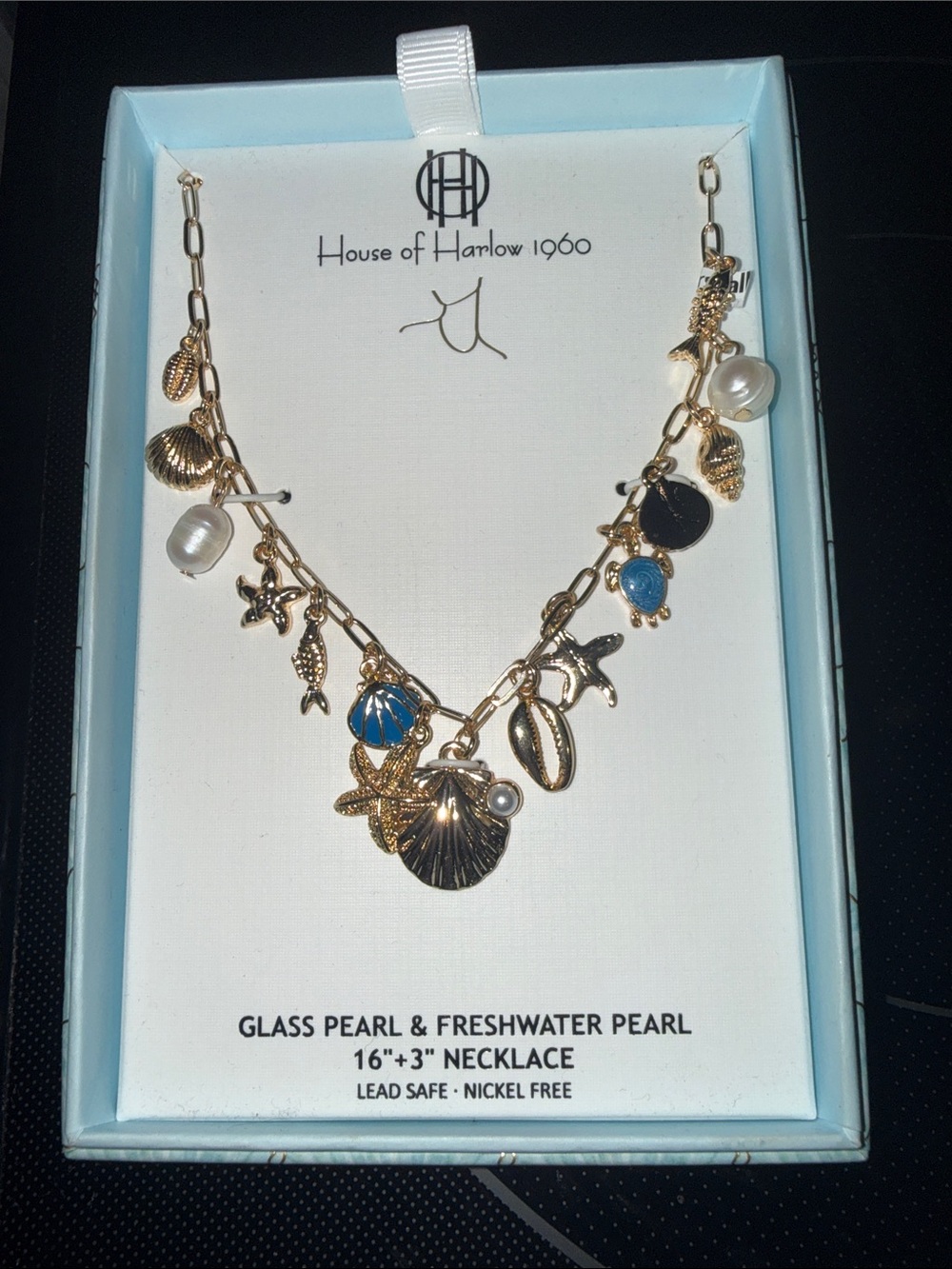 House of Harlow 1960 Gold-tone Coastal Charm Necklace with Blue Enamel & Pearls